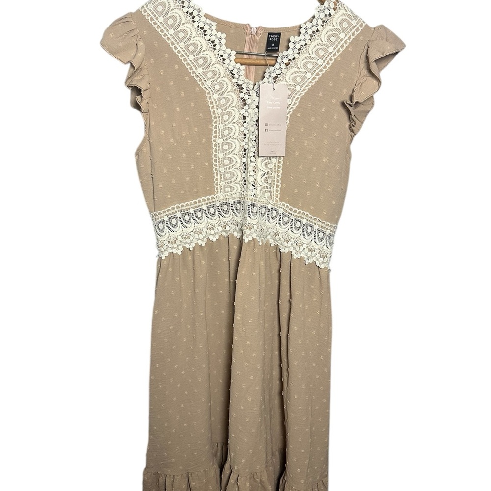 Elegant Tan Lace-Trimmed Dress Sleeveless M New - Picture 2 of 7